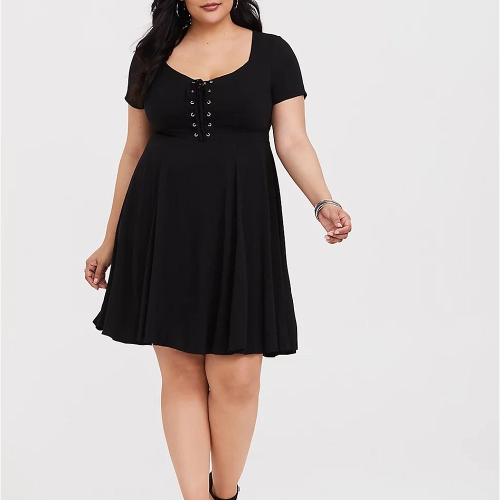 Torrid-BLACK CHALLIS LACE-UP SKATER DRESS